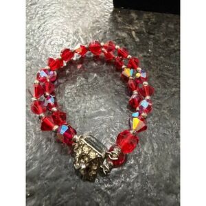 Vintage 1950s Red Aurora Borealis Crystal 2 Strand Bracelet‎ Rhinestone Clasp